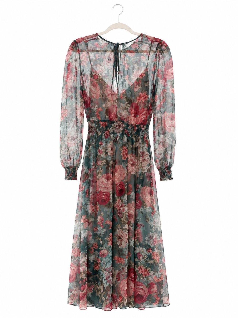 Zara Floral Chiffon Midi Dress in Rose and Green